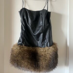 AKIRA Black Faux Leather Dress with Brown Fur Accent